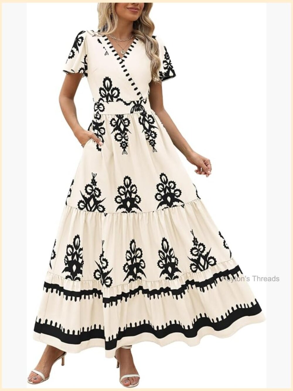 Flowy Maxi Dress Bell Short Sleeve Vneck Boho A Line Tiered Floral Beach